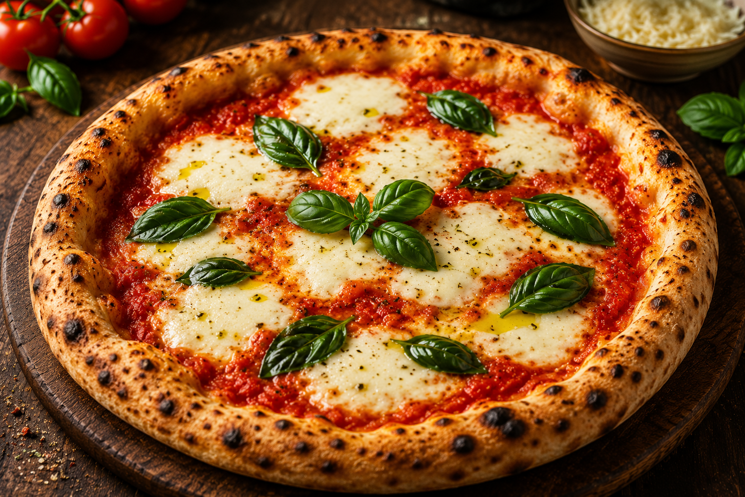 Margherita pizza with fresh basil, fresh from the wood-fired oven